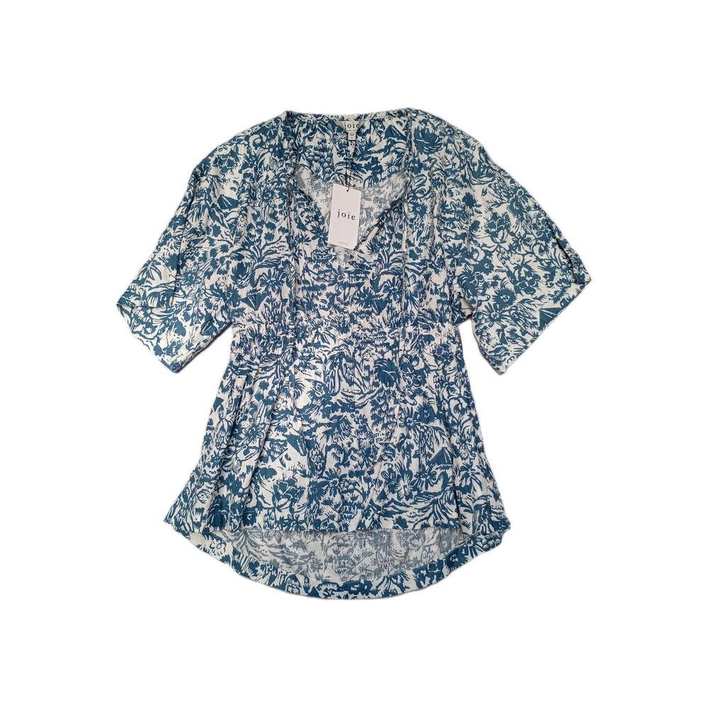 Joie Renae B Top XL Porcelain Indian Teal 100% Linen Floral Boho T0045BA0006